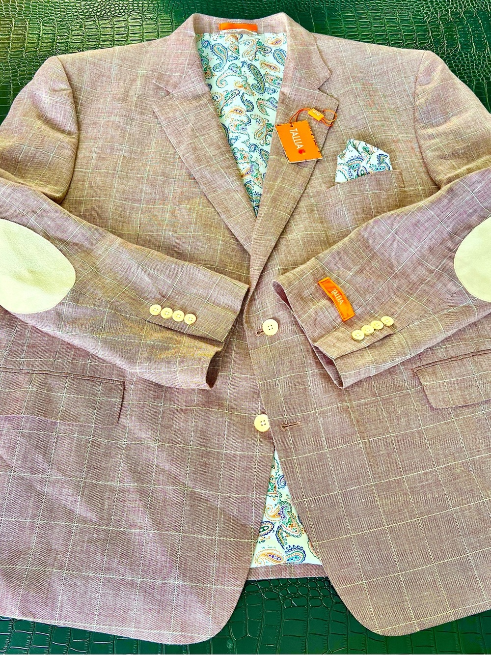 TALLIA Rosy Pink Plaid Sport Coat with light Cream Elbow Patches